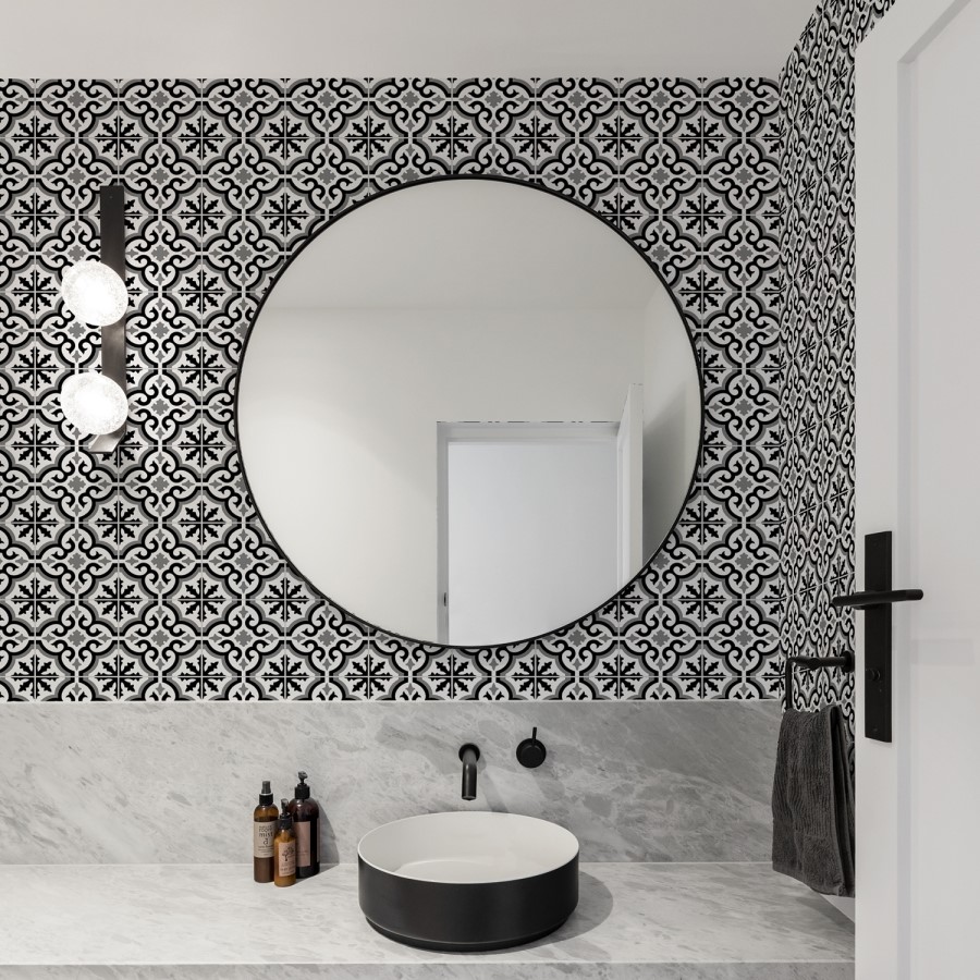 Black & White Moroccan Tile Effect Wallpaper - Contour Antibac