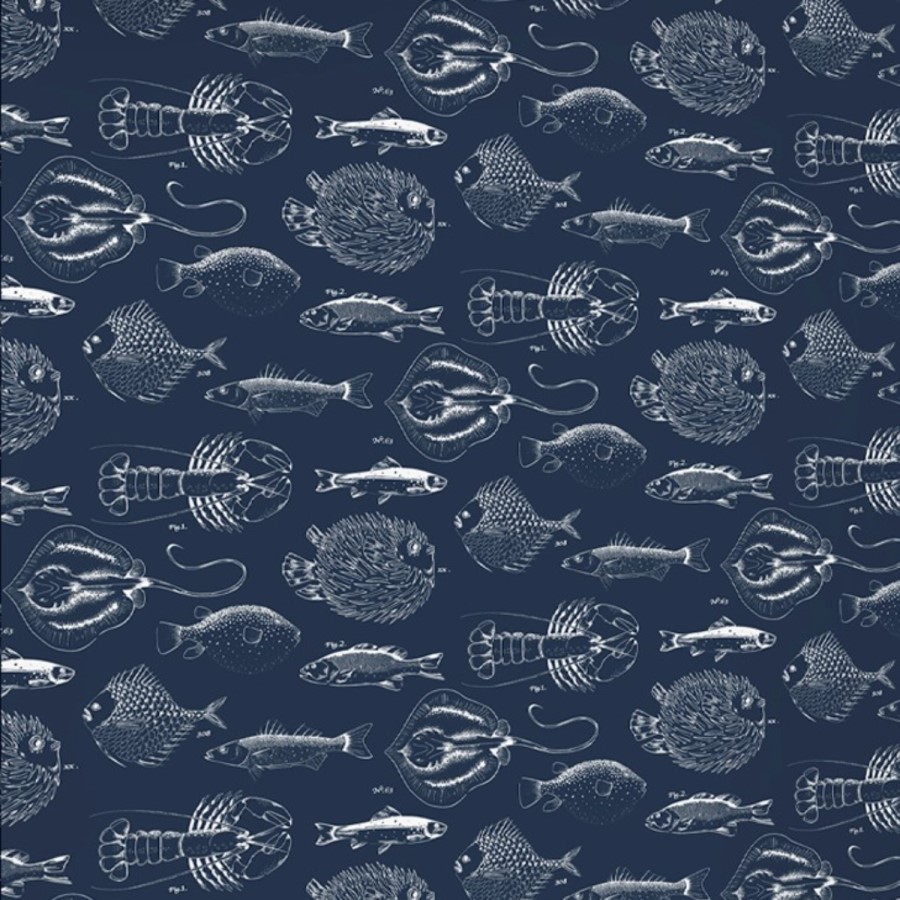 Navy & White Fish Wallpaper - Contour Antibac