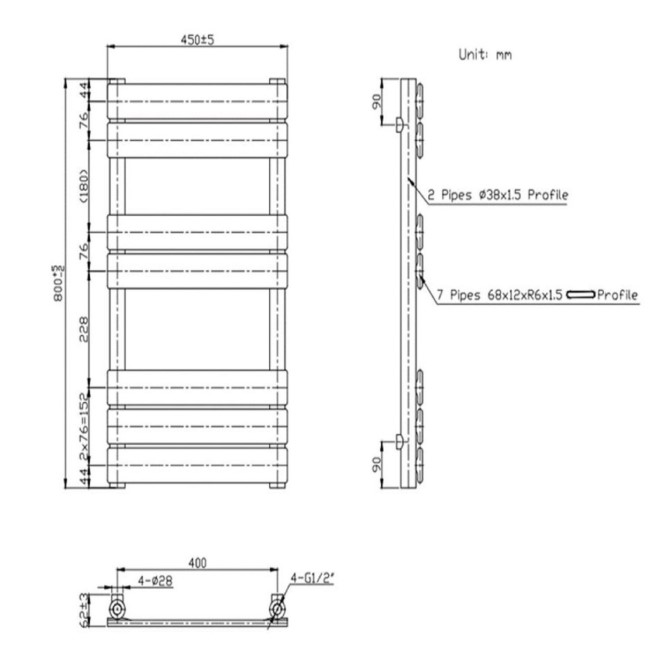 Black Towel Radiator 800 x 450mm - Tundra