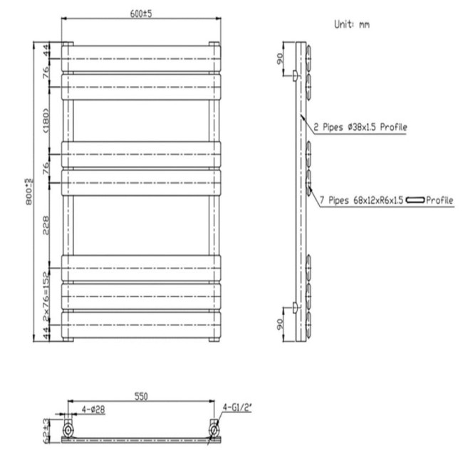 Black Towel Radiator 800 x 600mm - Tundra