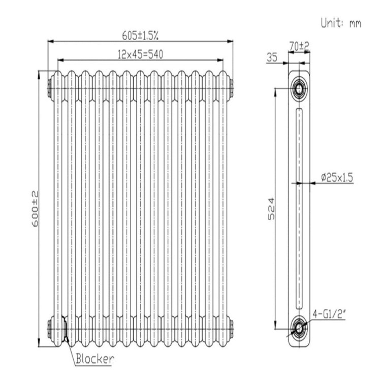 Black Horizontal 2 Column Traditional Radiator 600 x 605mm - Nambi