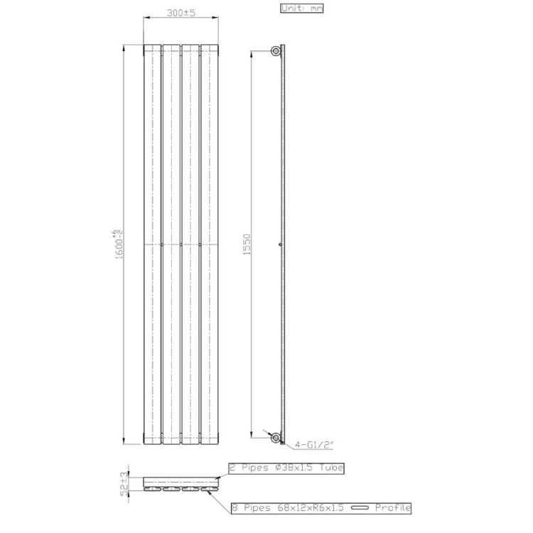 White Vertical Single Panel Radiator 1600 x 300mm - Mojave