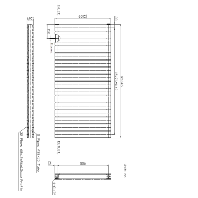 White Horizontal Double Panel Radiator 600 x 1216mm - Mojave