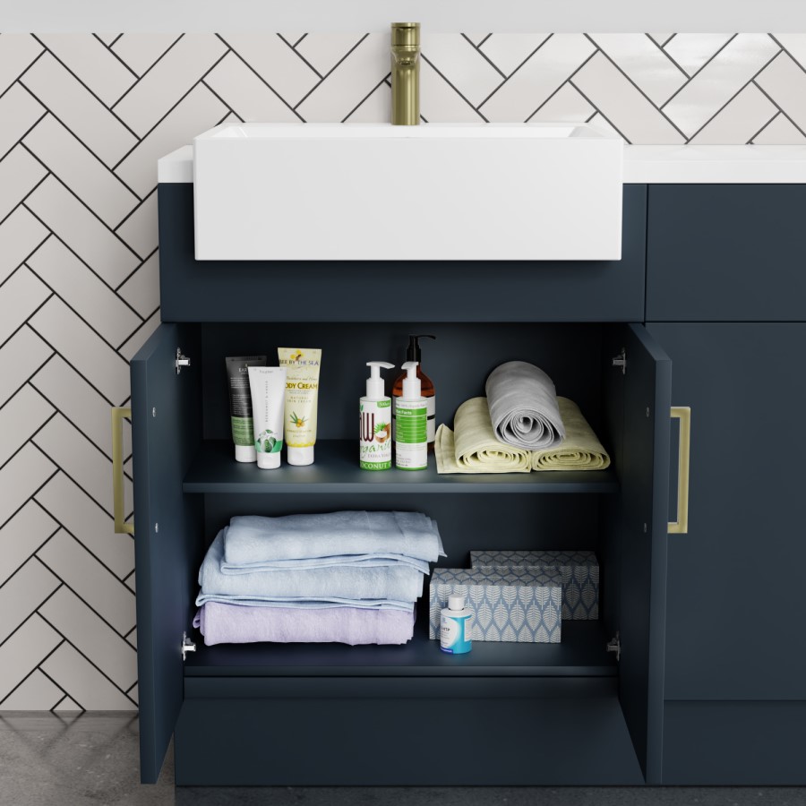 1800mm - 2100mm Blue Toilet and Sink Unit with Tall Cabinet Marble Effect Worktop and Brushed Brass Fittings - Coniston