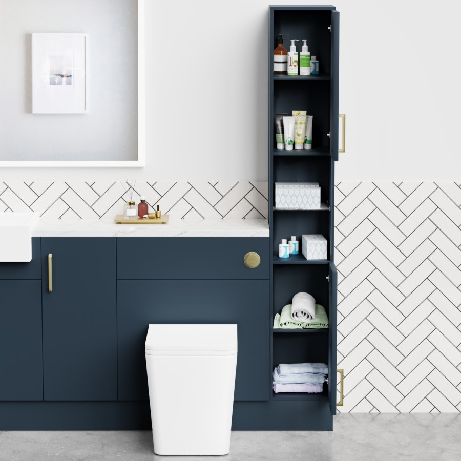 1800mm - 2100mm Blue Toilet and Sink Unit with Tall Cabinet Marble Effect Worktop and Brushed Brass Fittings - Coniston