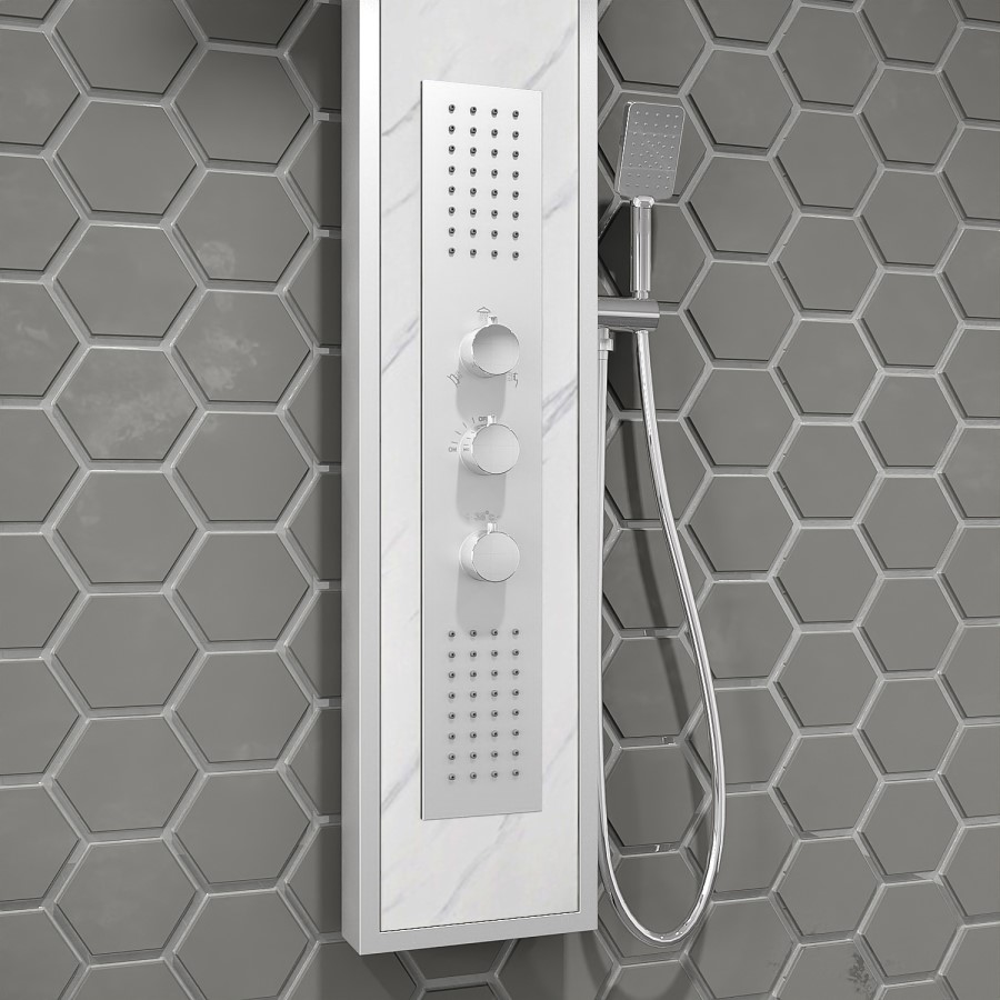 White Marble Effect Thermostatic  Tower Shower with Square Hand Shower - Luni