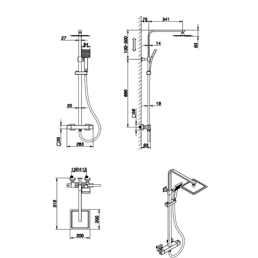 Black Square Thermostatic Mixer Shower Set with Exposed Valve - Zana