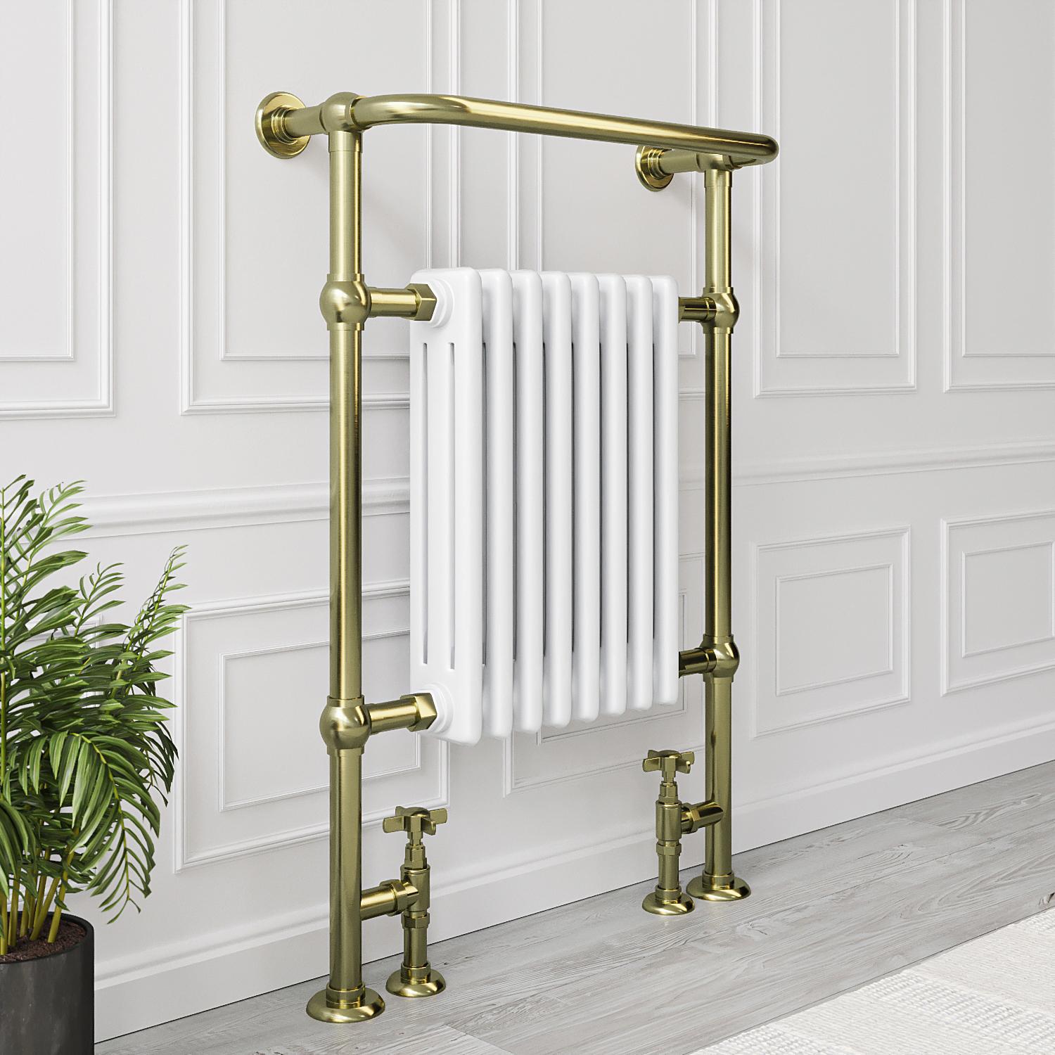 White and Brass Traditional Column Radiator with Towel Rail 952 x 659mm -  Regent - Furniture123