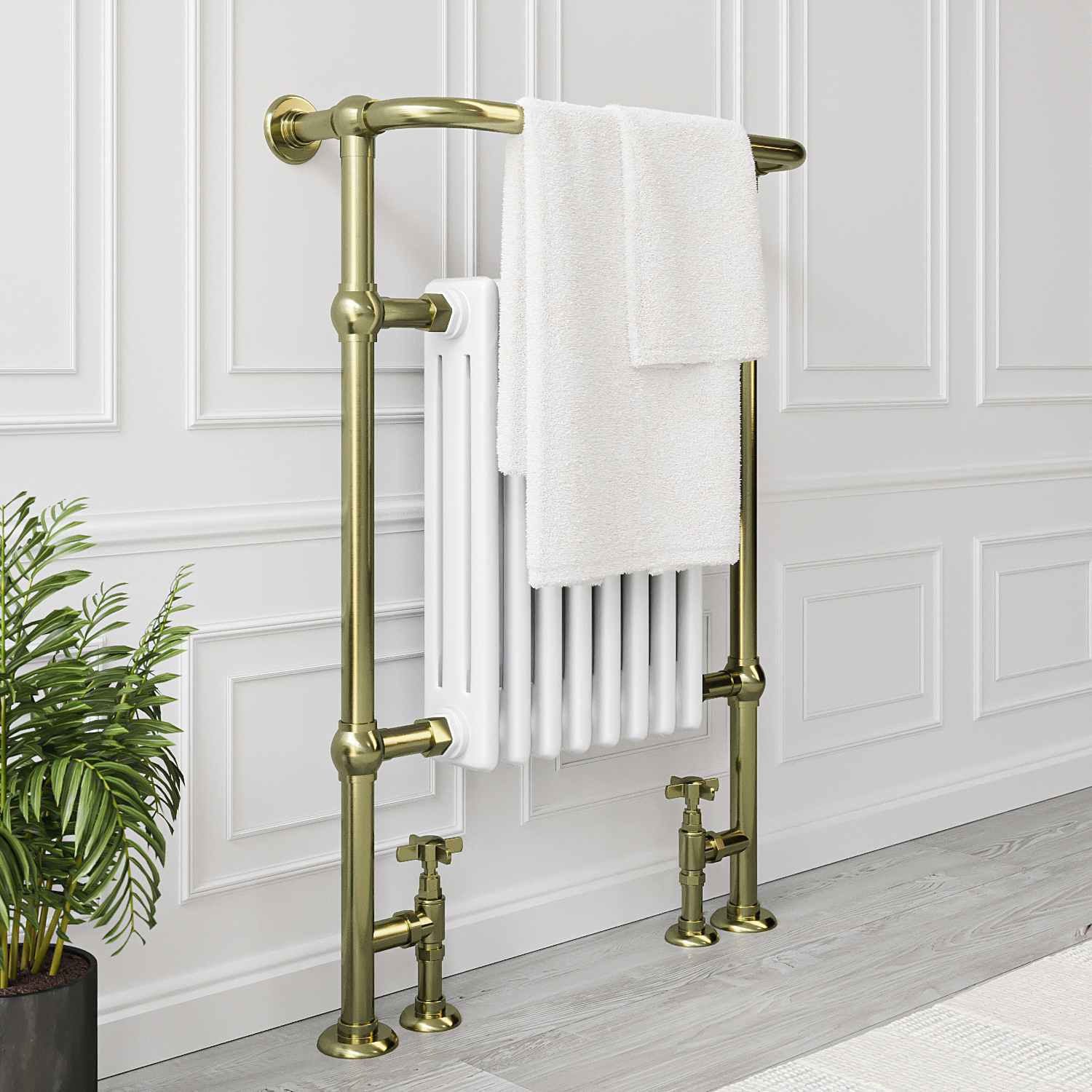 White and Brass Traditional Column Radiator with Towel Rail 952 x