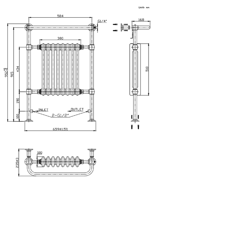 White and Brass Traditional Column Radiator with Towel Rail 952 x 659mm - Regent