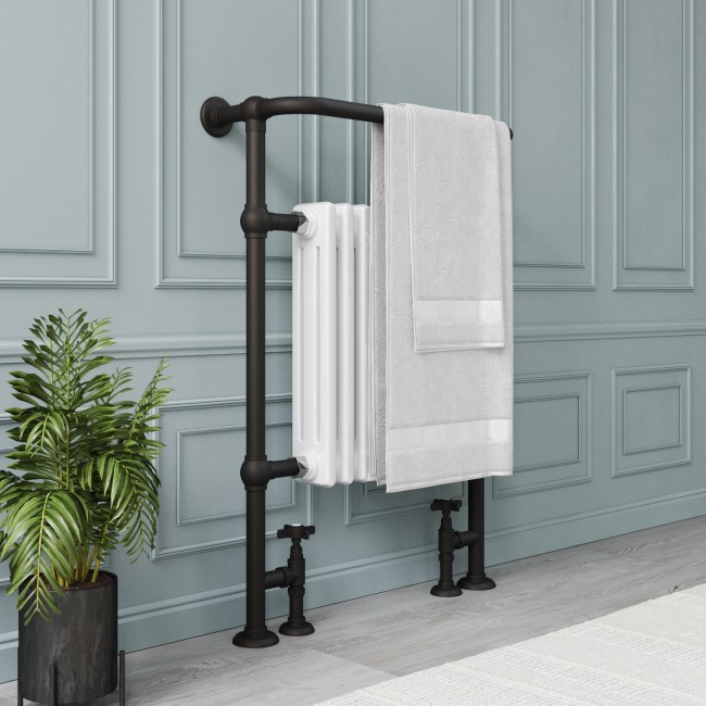 White and Black Traditional Column Radiator with Towel Rail 952 x 659mm - Regent