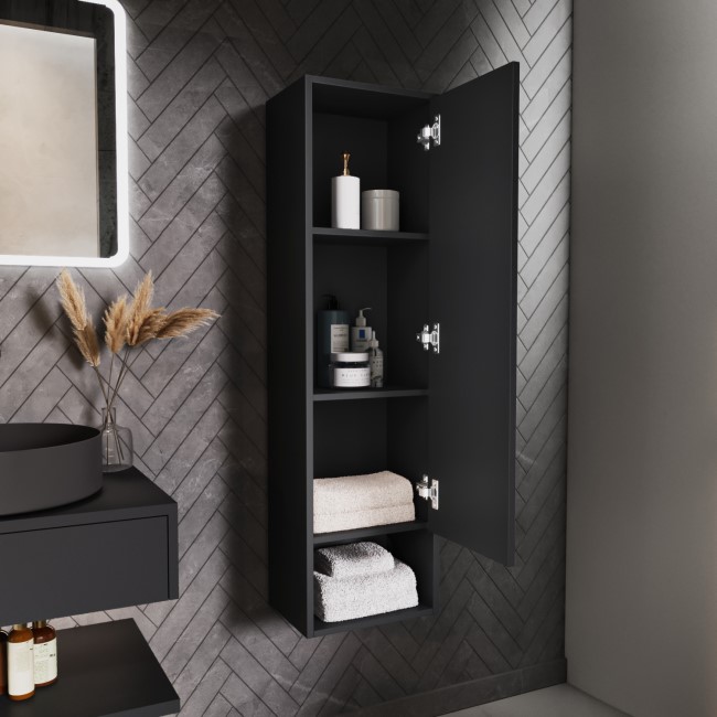 Single Door Black Wall Mounted Tall Bathroom Cabinet 350 x 1250mm - Lugo