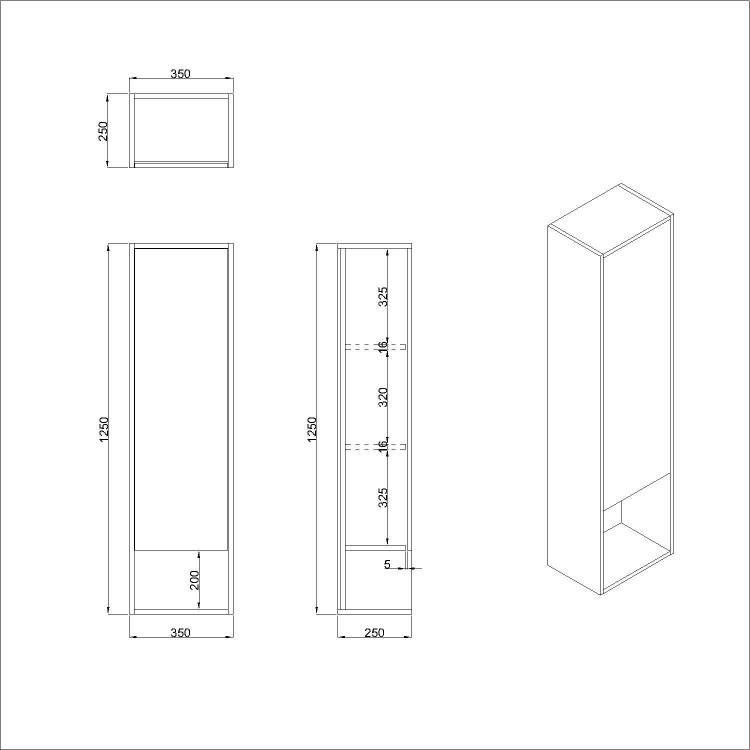 Single Door Black Wall Mounted Tall Bathroom Cabinet 350 x 1250mm - Lugo