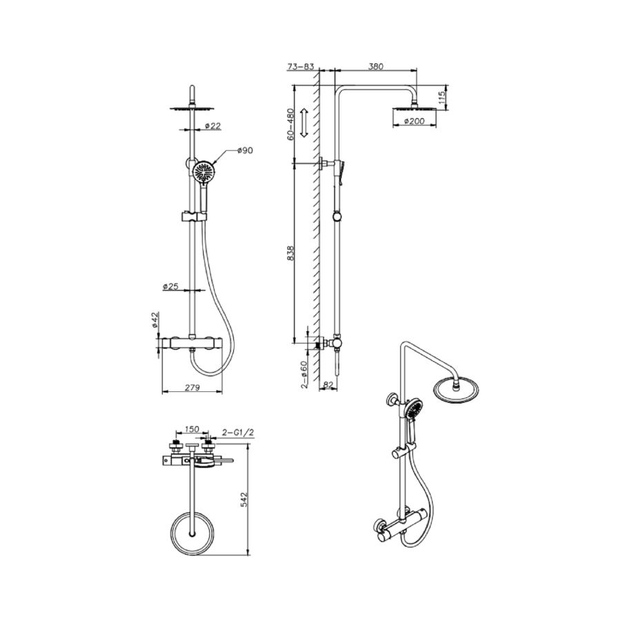 Thermostatic Mixer Bar Shower with Round Overhead & Handset - Koto