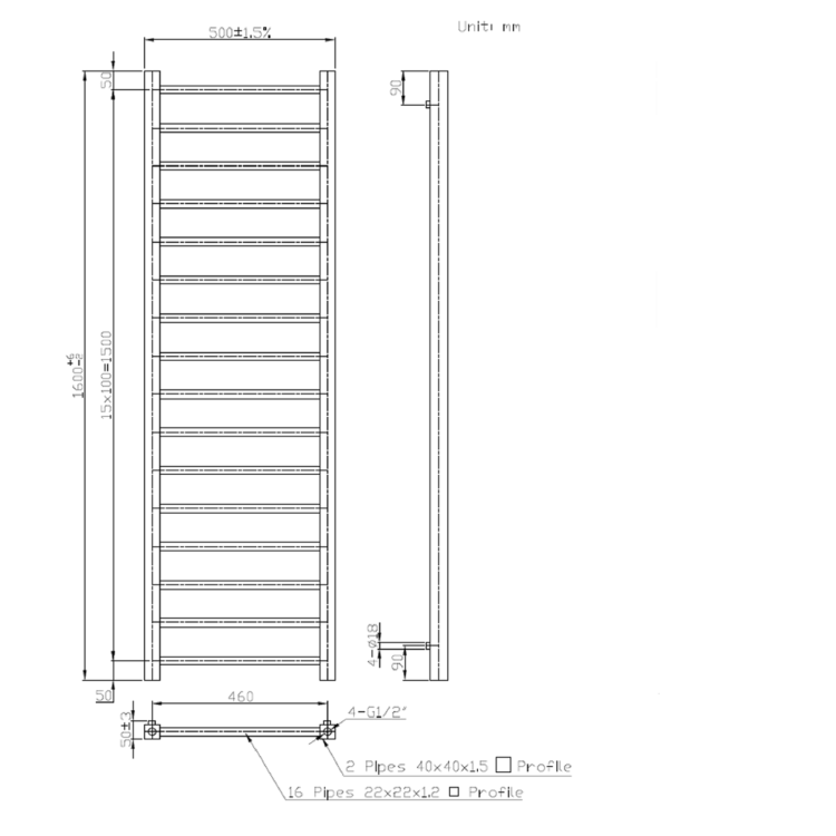 Brass Towel Radiator 1600 x 500mm - Sonoran