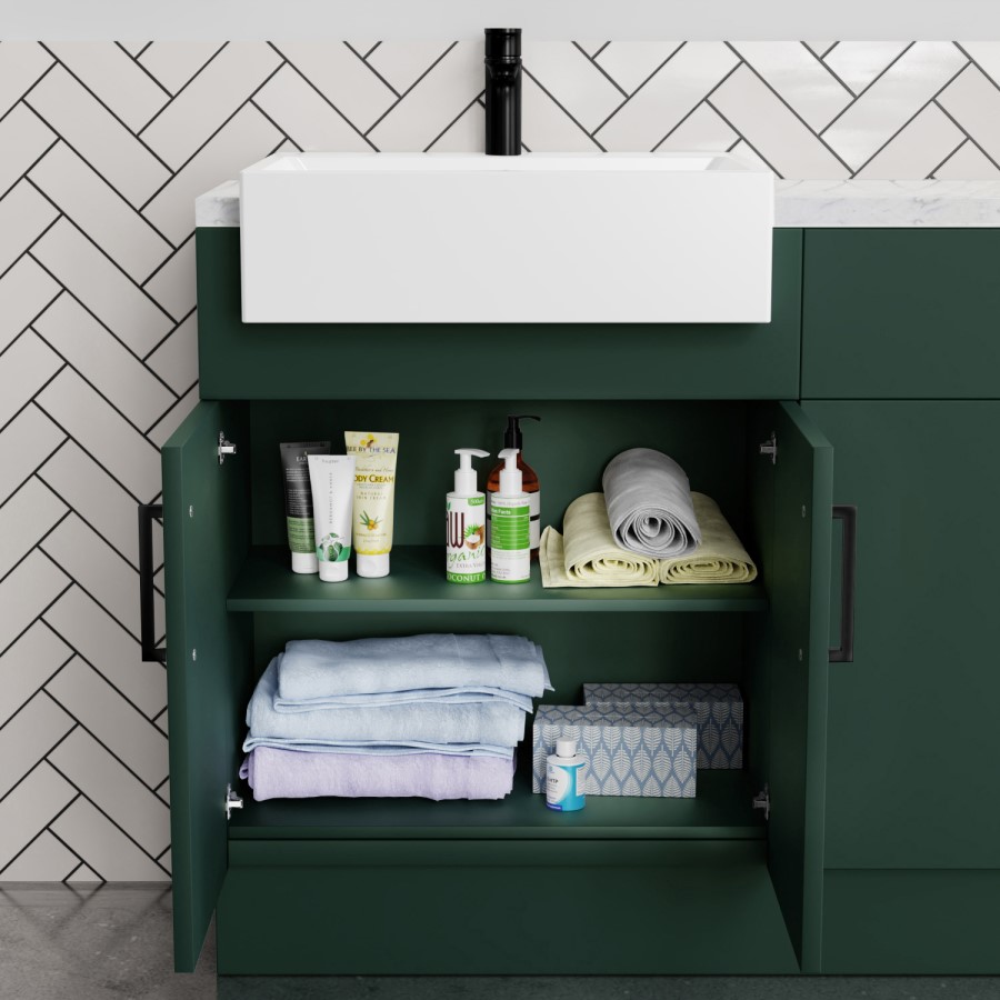 1800mm - 2100mm Green Toilet and Sink Unit with Tall Cabinet Marble Effect Worktop and Black Fittings - Coniston