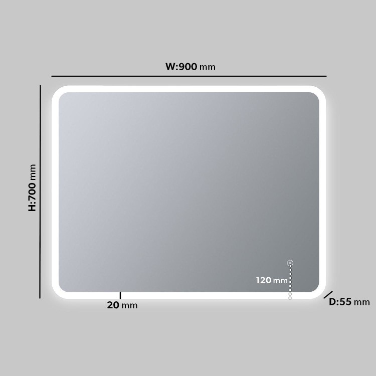 Rectangular Heated Bathroom Mirror with Lights 900 x 700mm - Ariel