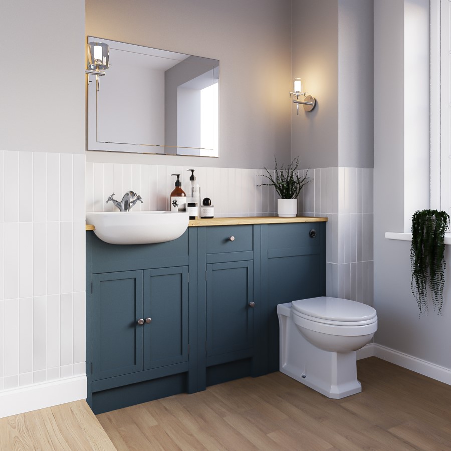 1500 - 1800mm Indigo Blue Toilet and Sink Unit with Oak Worktop - Aylesford