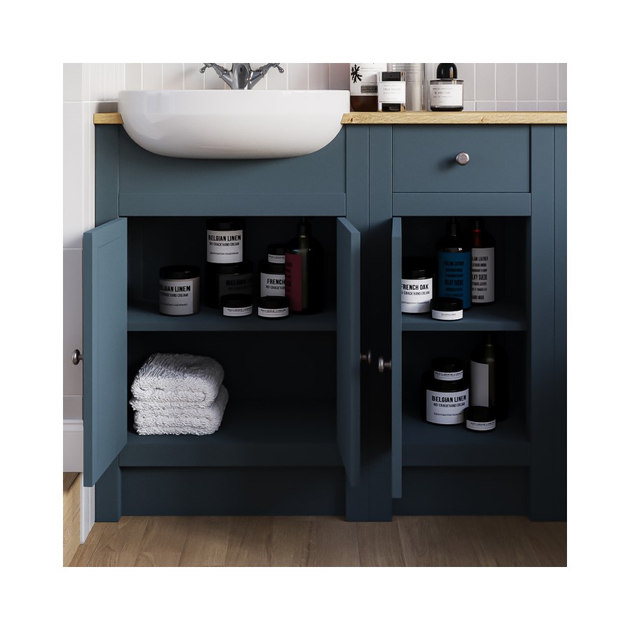 1500 - 1800mm Indigo Blue Toilet and Sink Unit with Oak Worktop - Aylesford