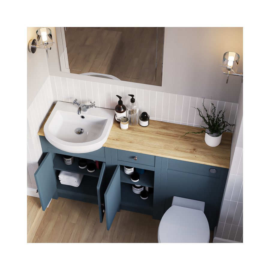 1500 - 1800mm Indigo Blue Toilet and Sink Unit with Oak Worktop - Aylesford