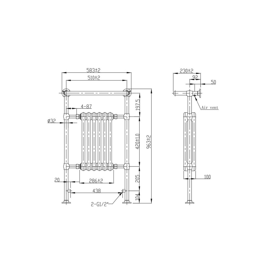 White Chrome Traditional Wall Hung Towel Radiator - 963 x 583 x 230mm