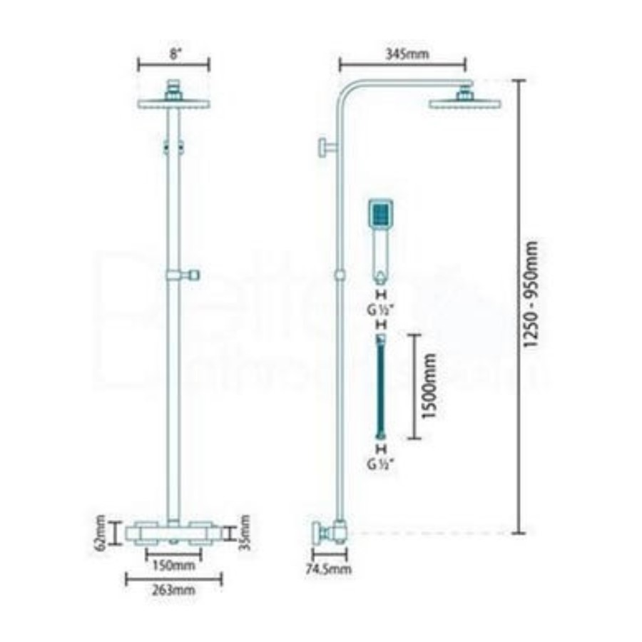 GRADE A2 - Vira Square Riser Slide Shower Rail Kit with Dual Valve