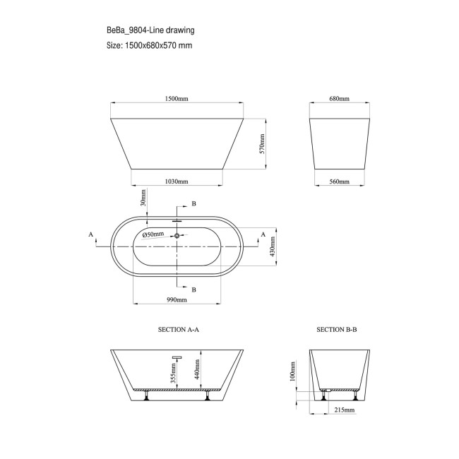 Freestanding Double Ended Bath 1500 x 680mm - Bari