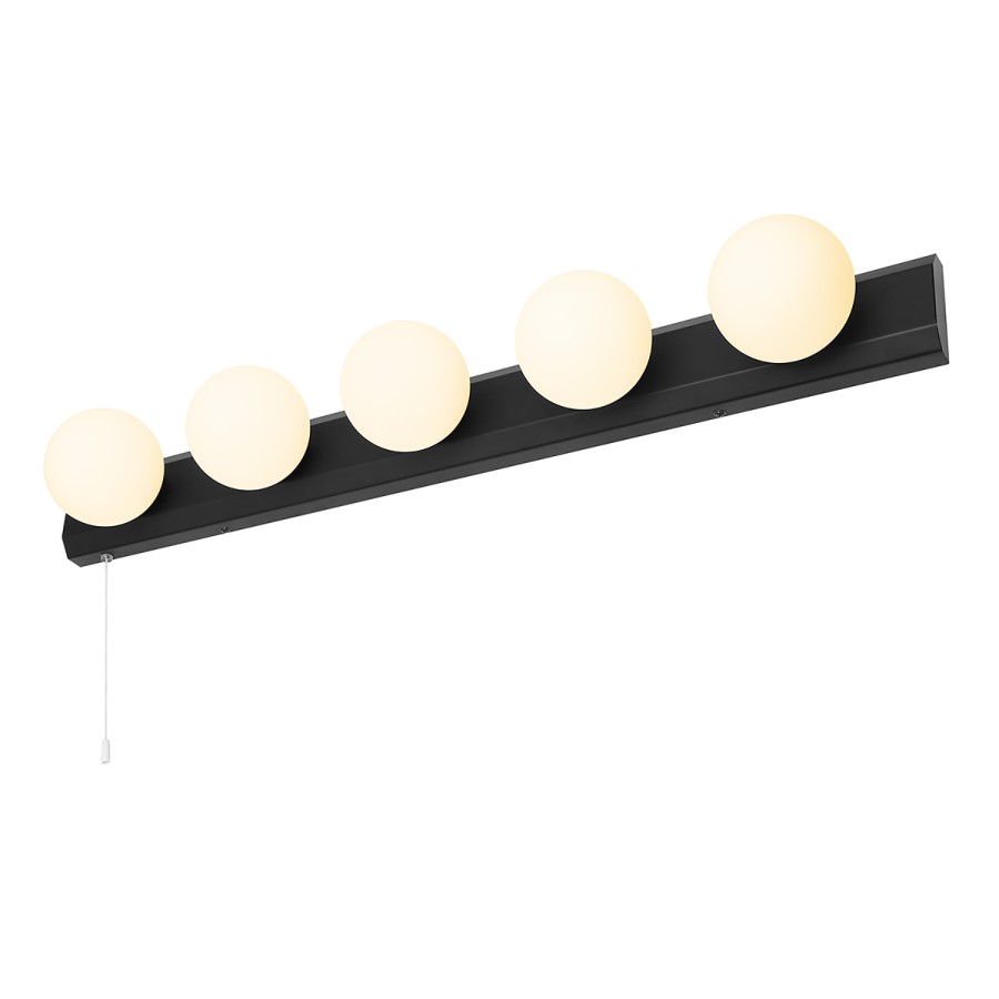 Black Hollywood Style Bathroom Wall Light with Pull Cord - Ara