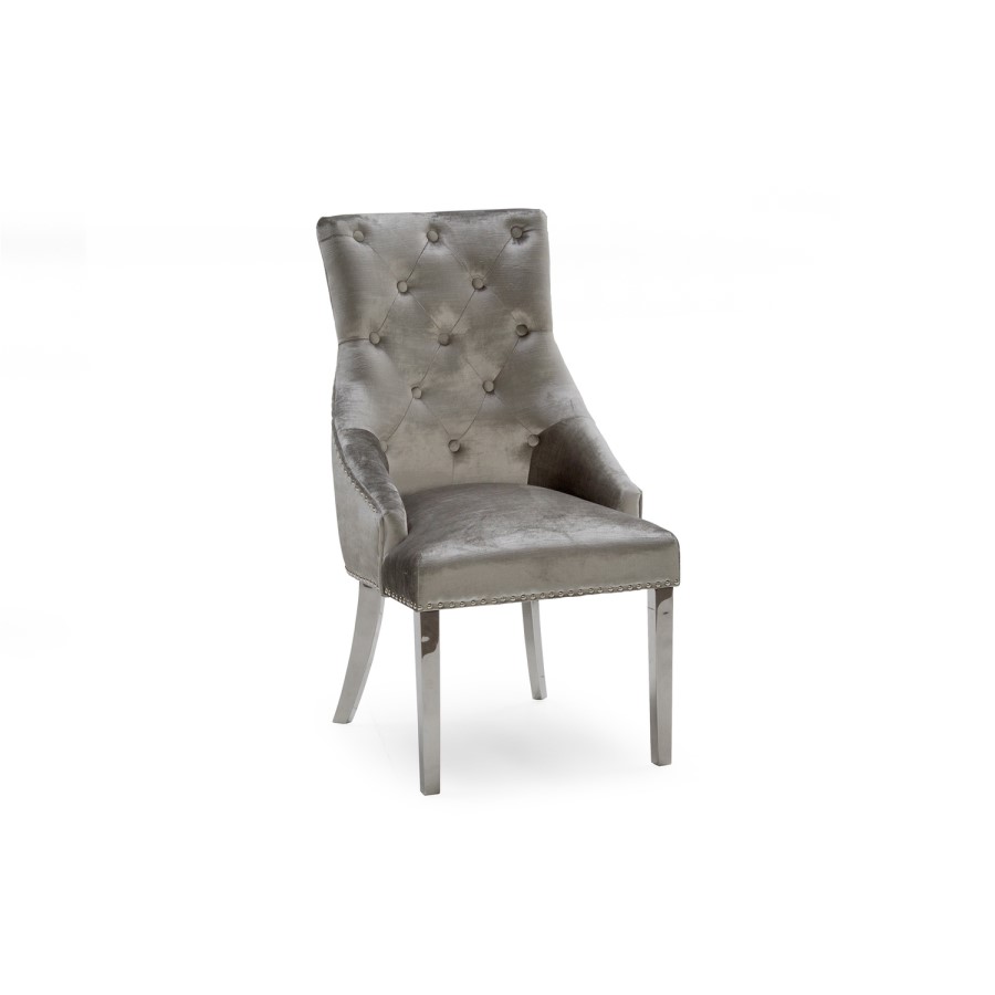 Pair of Champagne Grey Velvet Dining Chairs with Knockerback - Vida Living Belvedere