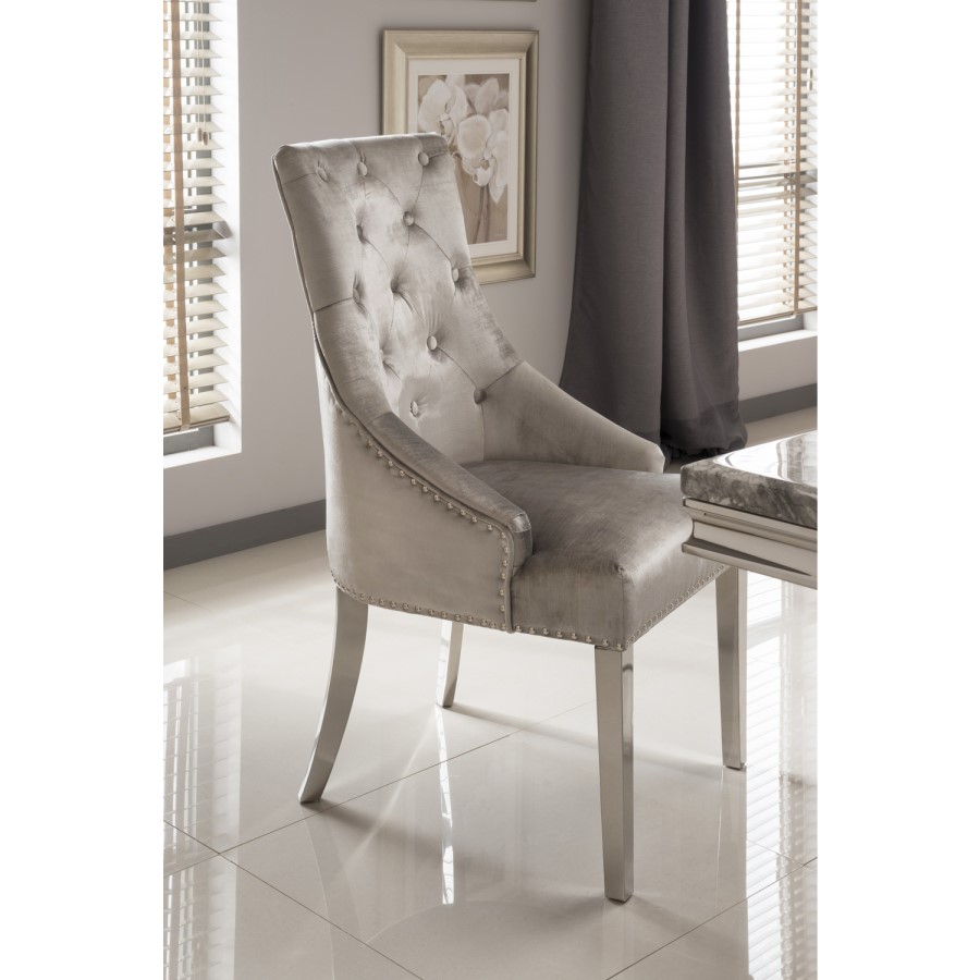 Pair of Champagne Grey Velvet Dining Chairs with Knockerback - Vida Living Belvedere