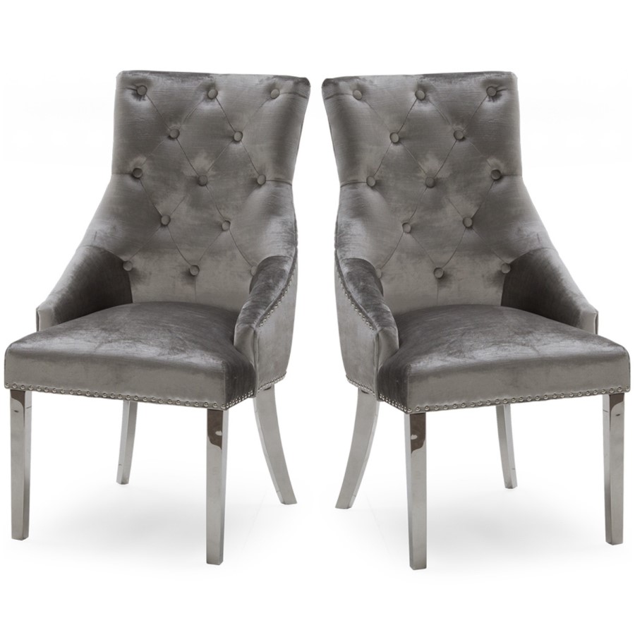 GRADE A1 - Pair of Grey Velvet Dining Chairs with Silver Knocker - Vida Living