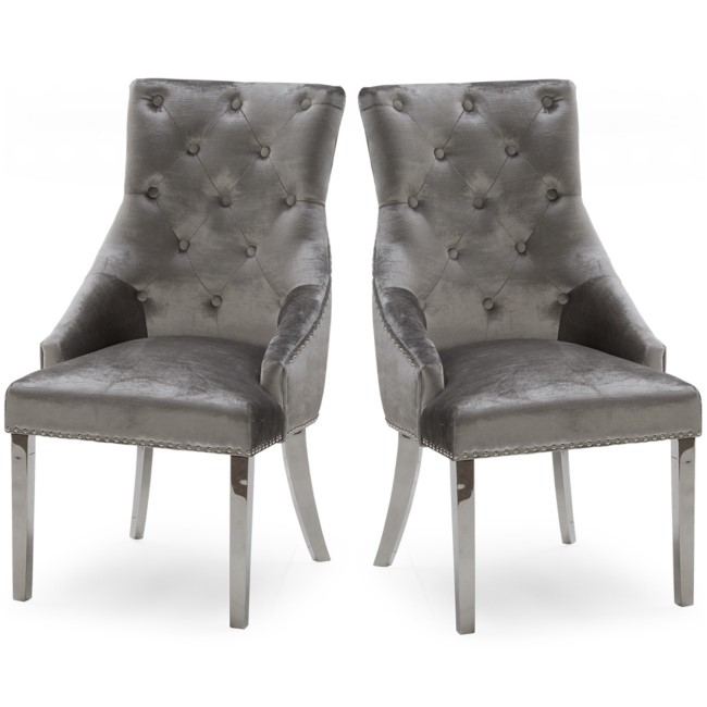 Pair of Grey Velvet Dining Chairs with Silver Knocker - Vida Living