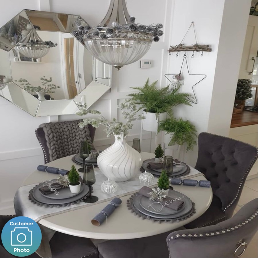 Pair of Grey Velvet Dining Chairs with Silver Knocker - Vida Living
