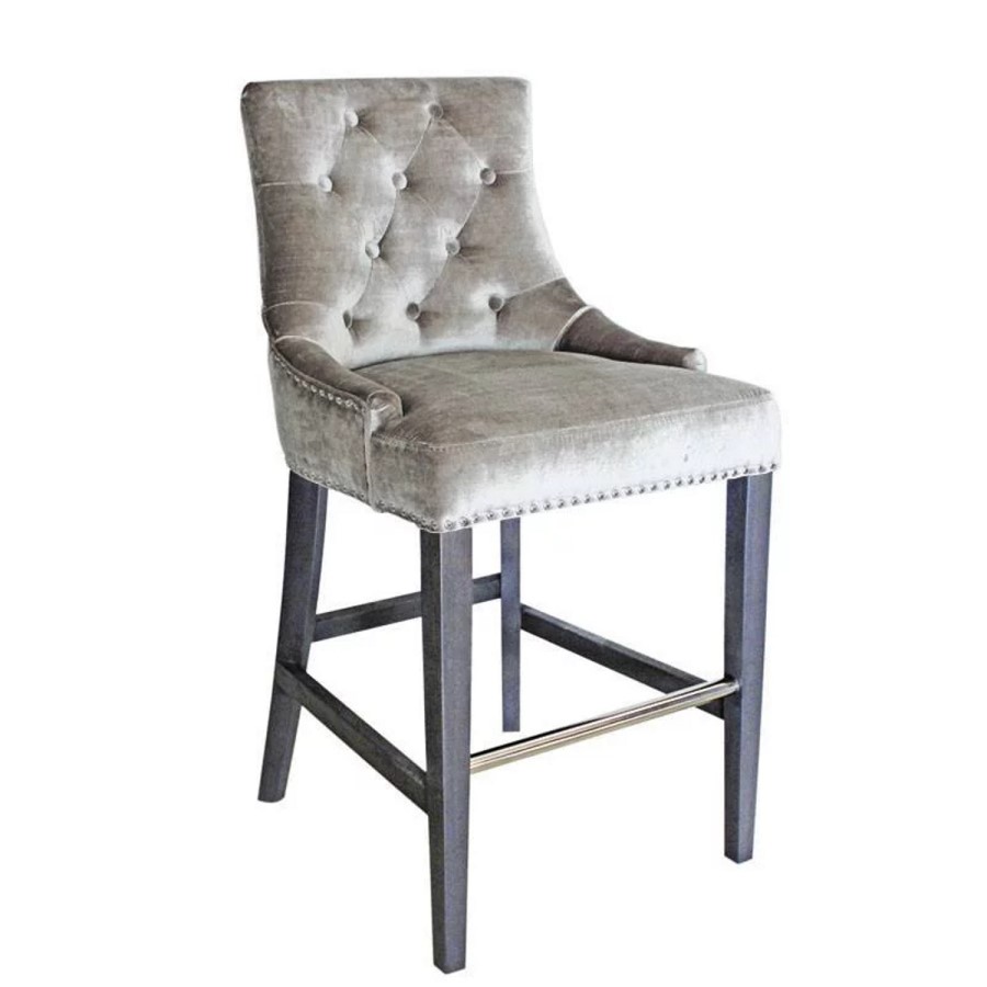 Silver Grey Velvet Bar Stool with Silver Studs & Knockerback - Arianna