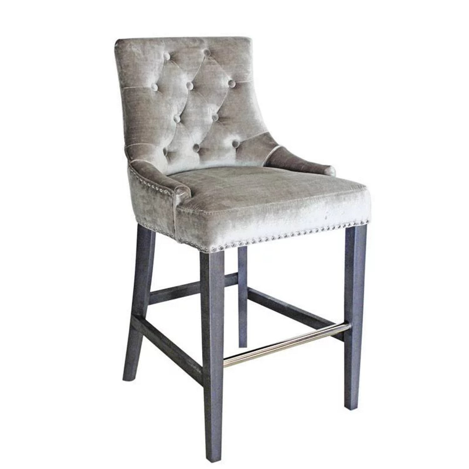 silver grey velvet bar stool with silver studs knockerback arianna