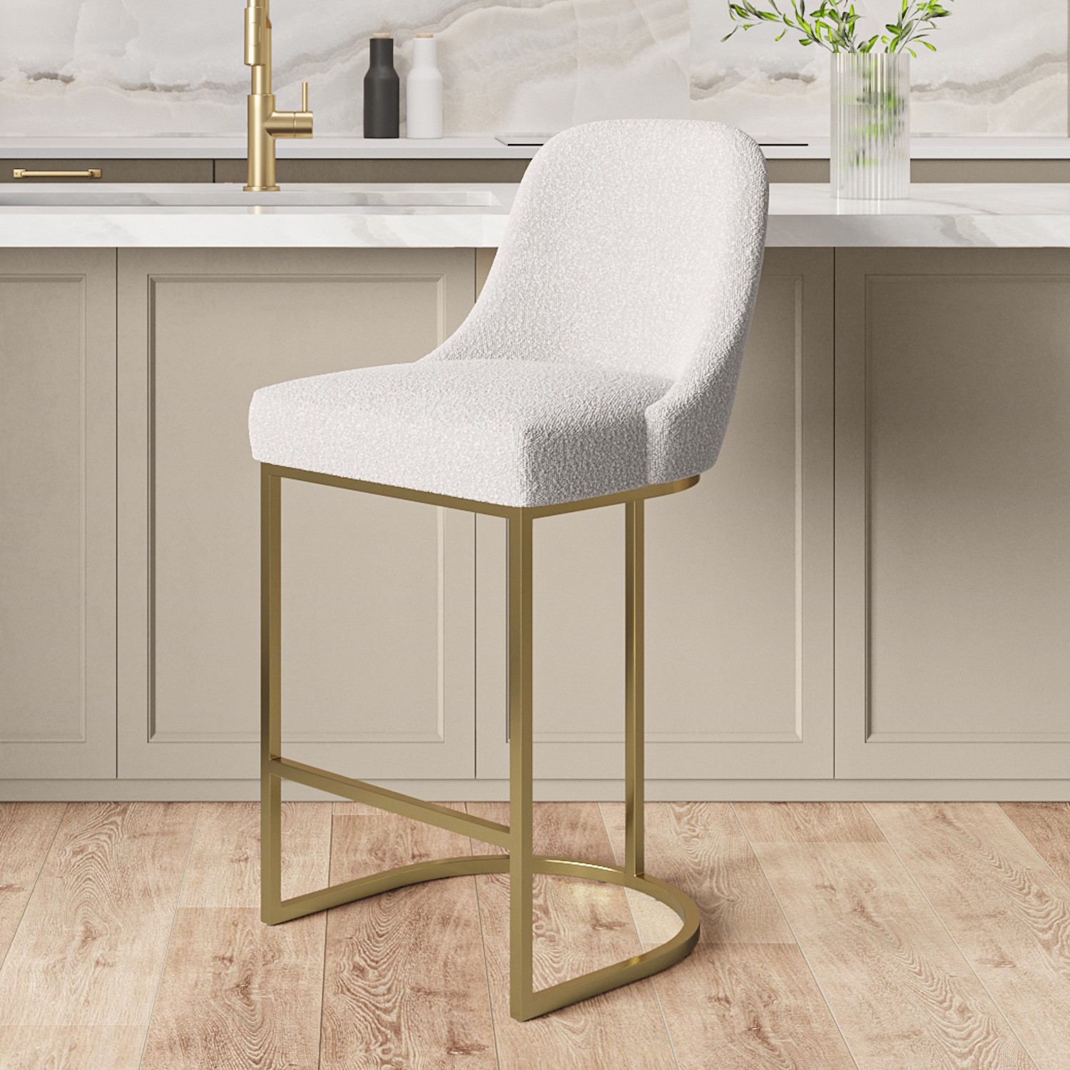Photo of Beige boucle kitchen stool with brass legs - callie