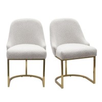 Set of 2 Beige Boucle Dining Chairs with Gold Legs - Callie