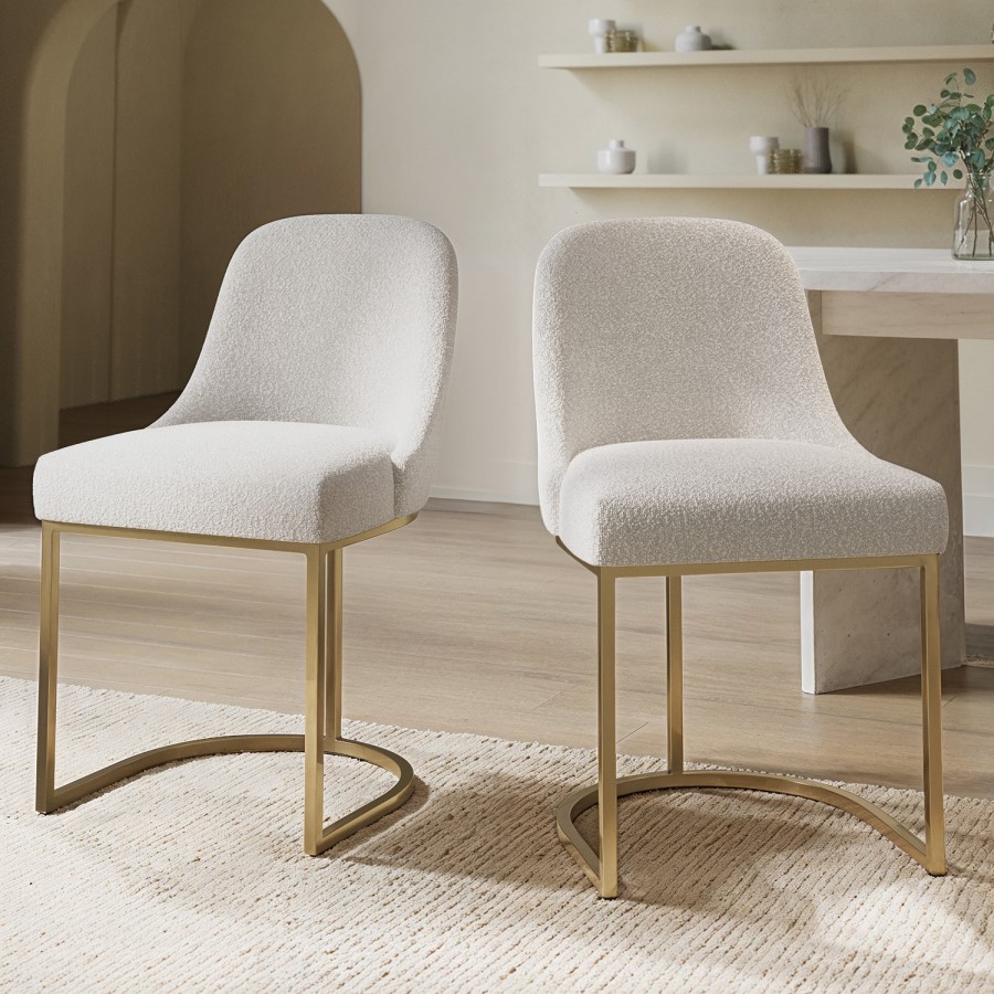 Set of 2 Beige Boucle Dining Chairs with Gold Legs - Callie