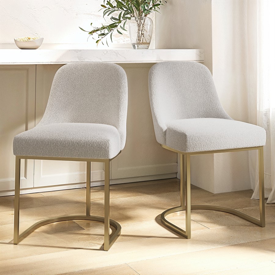 ALMOST PERFECT - Set of 2 Beige Boucle Dining Chairs with Gold Legs - Callie
