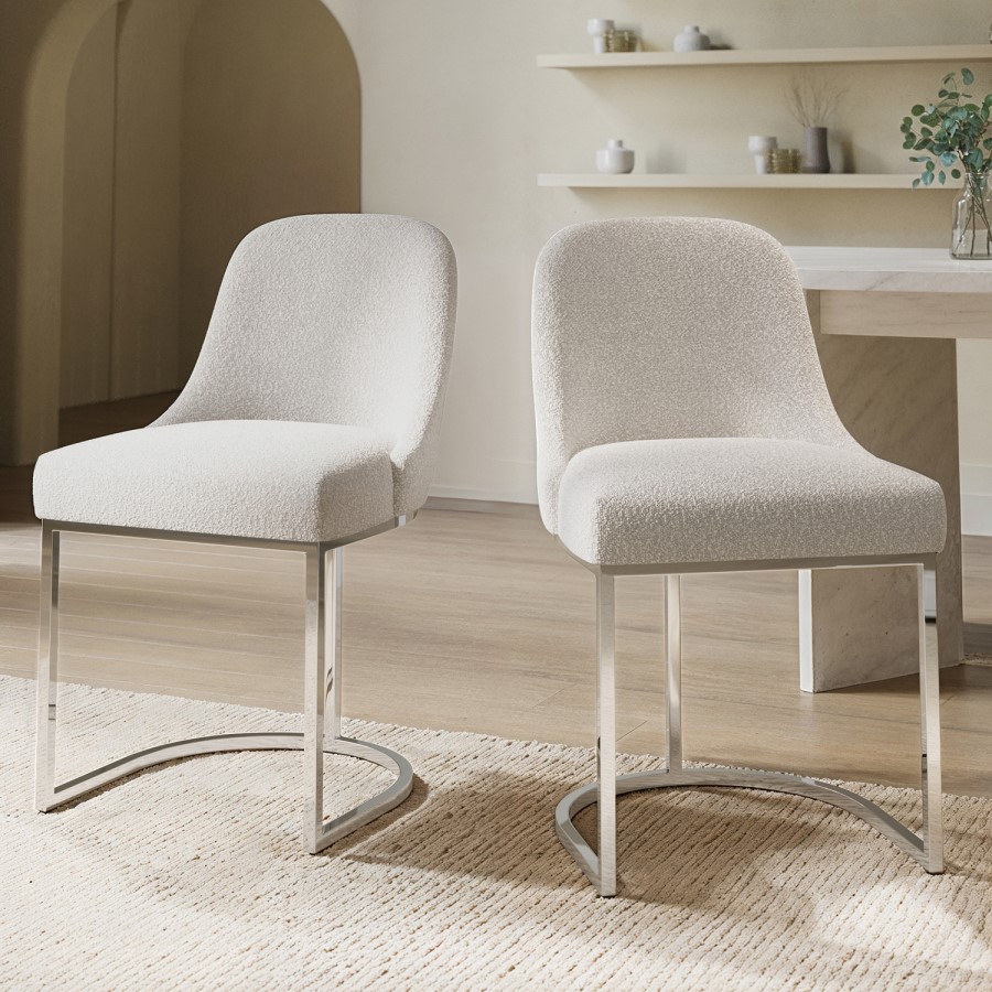 Set of 2 Beige Boucle Dining Chairs with Chrome Legs - Callie