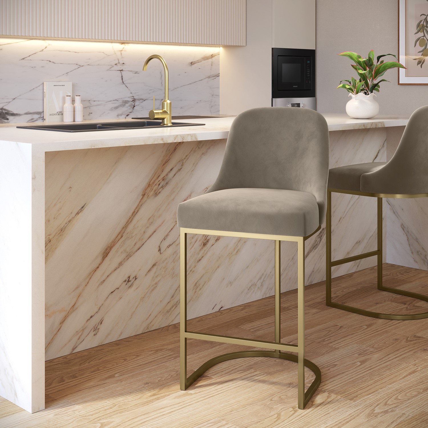 Callie Mink Velvet Kitchen Stool With Gold Legs