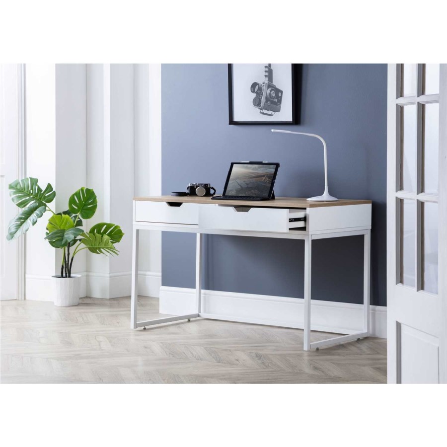 White and Oak Effect Office Desk with 2 Drawers - California - Julian Bowen