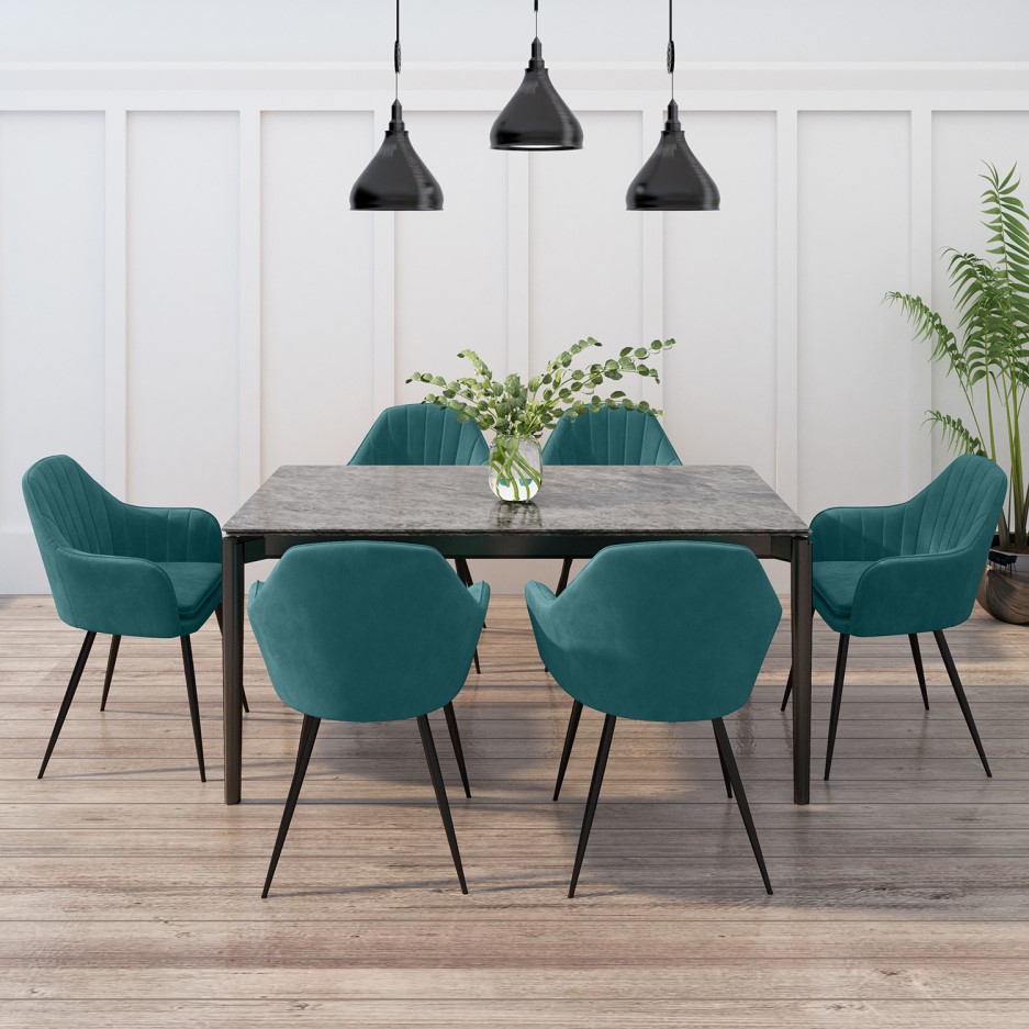 Extendable Grey Ceramic Dining Table with Marble Effect - Seats 6-8