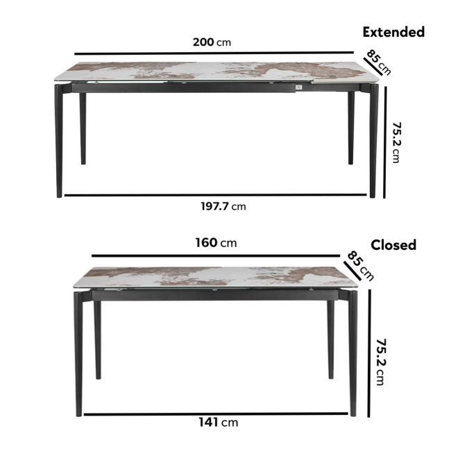 Large Marble Ceramic Extendable Rectangular Dining Table - Seats 6 - 8 - Camilla