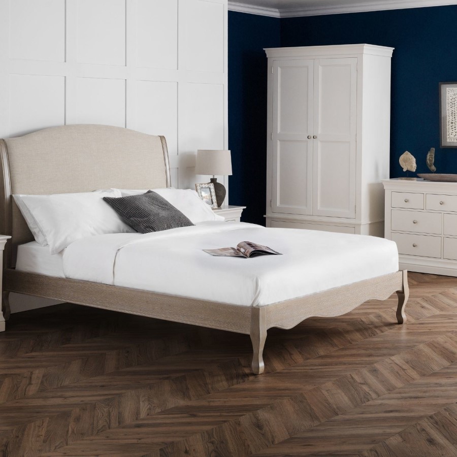 Oatmeal Fabric and Oak Wooden King Size Bed Frame - Camille