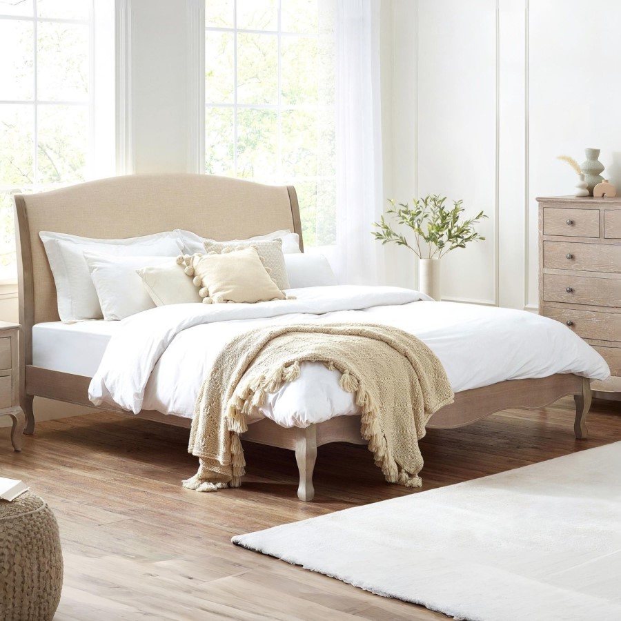 Oatmeal Fabric and Oak Wooden Double Bed Frame - Camille