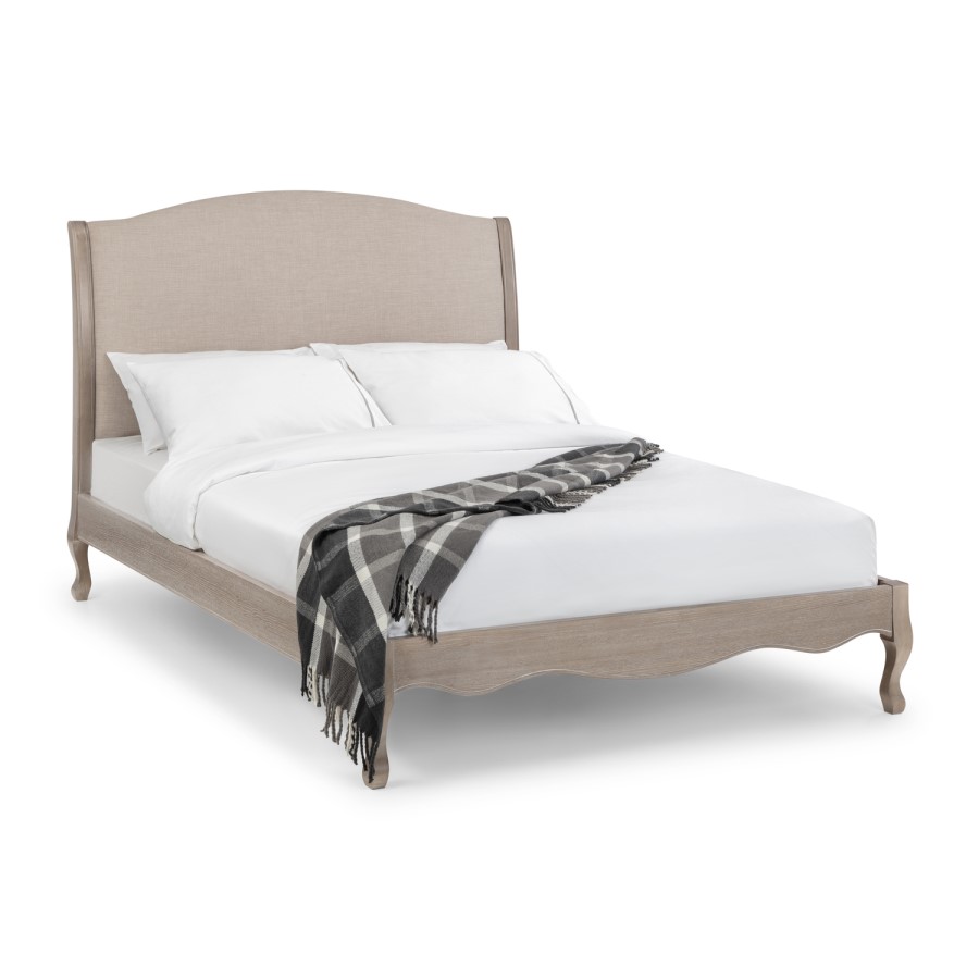 Oatmeal Fabric and Oak Wooden Double Bed Frame - Camille