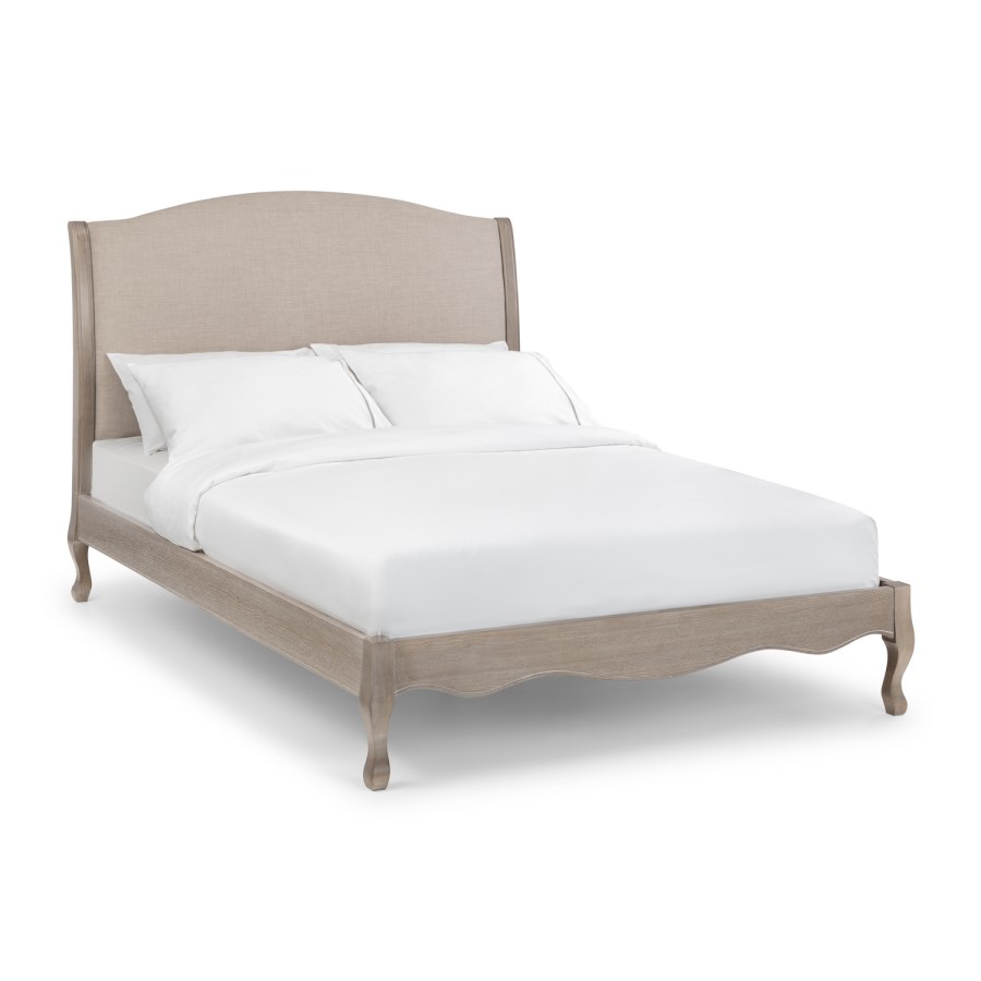 Oatmeal Fabric and Oak Wooden Double Bed Frame - Camille
