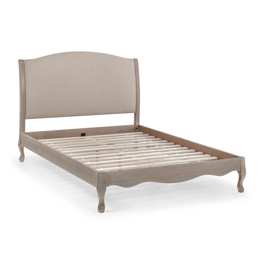 Oatmeal Fabric and Oak Wooden Double Bed Frame - Camille