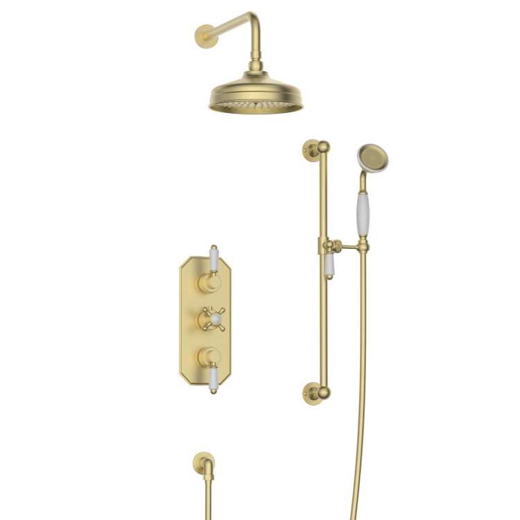 Brushed Brass Dual Outlet Wall Mounted Thermostatic Mixer Shower Set with Hand Shower - Cambridge